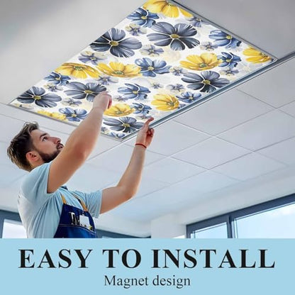 Ombre Flower Magnetic Fluorescent Light Covers for Ceiling Lights 2 x 4 Feet,Watercolor Yellow Purple Blue Green Floral Office Classroom Kitchen Drop Ceiling Light Covers Filters Shade Panel 2 Packs