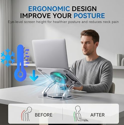 Adjustable Laptop Cooling Stand, 3-Speed Fan with RGB, 360° Rotating Base, Carbon Steel Foldable Laptop Riser, Ergonomic Height & Angle Adjustable Cooling Pad for Laptops & Tablets Up to 16” (Silver)