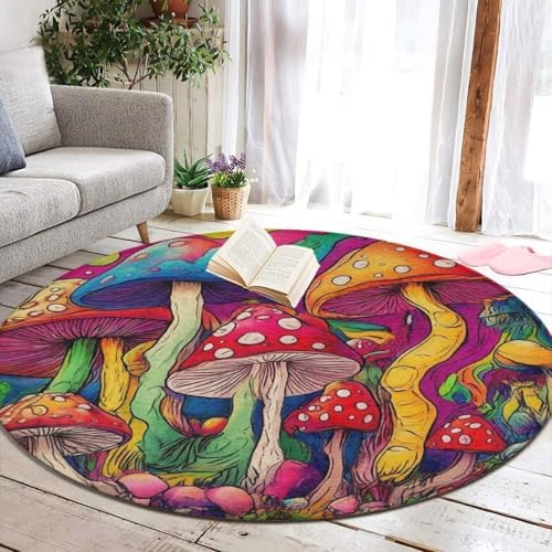 Large Round Area Rug Home Decor Modern Bathroom Rug Kitchen Office Circle Rug for Living Room Sofa Circle Cute Mat Colorful Mushrooms Art, 24inch