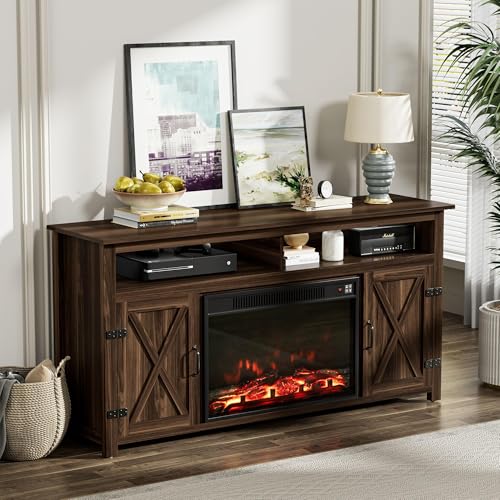 Farmhouse Fireplace TV Stand for Television up to 65+ Inch, Walnut
