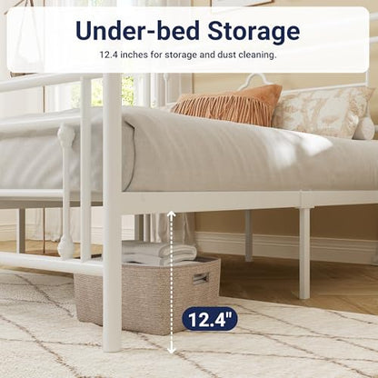 Full Size Metal Platform Bed Frame, Victorian Headboard, White