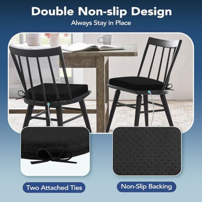 Chair Cushions for Dining Chairs, Non Slip Chair Pads with Ties and Washable Covers, Memory Foam Kitchen Chair Cushions Set of 8, 16"X16"X2.5", Black