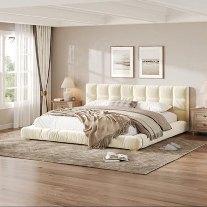 JIVOIT King Size Upholstered Platform Bed, Velvet Headboard Bed Base, Wood Slat (Beige-King-33)