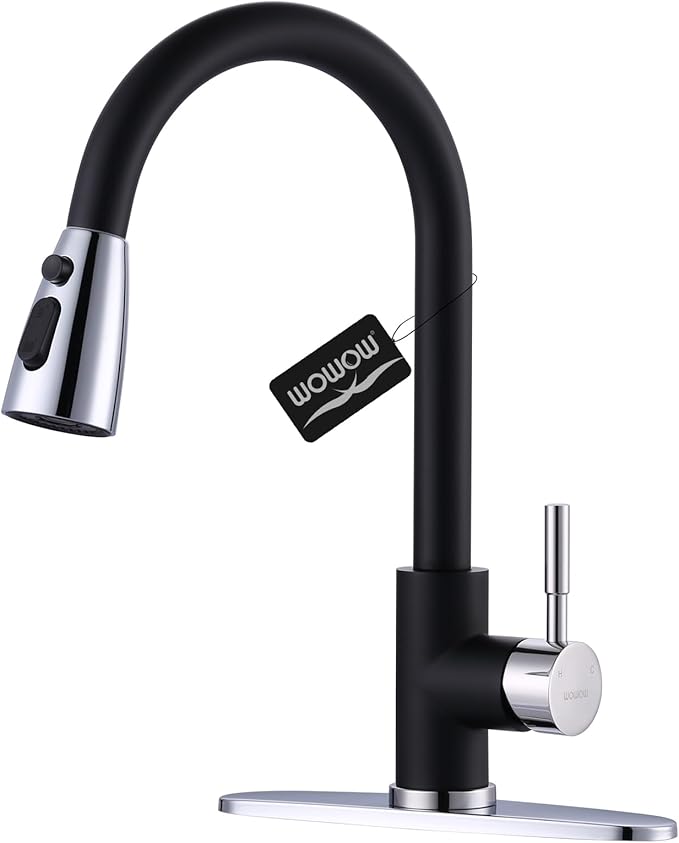 Black and Chrome Kitchen Faucet with Sprayer, WOWOW Stainless Steel Kitchen Sink Faucet High Arc Utility Sink Faucet 1 or 3 Hole, Kitchen Tap for RV, Laundry, Bar