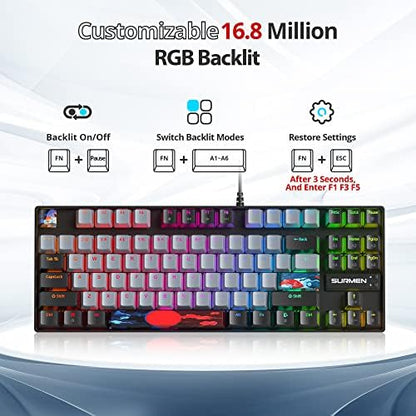 Owpkeenthy 75% Mechanical Gaming Keyboard with Red Switch, RGB Backlit Keyboard, 87 Keys Compact TKL Wired Computer Keyboards for Laptop PC Gamer Xbox PS (Grey/ 87 Red Switch)