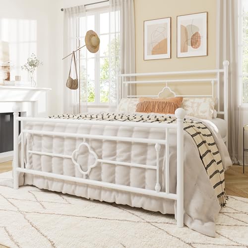 Full Size Metal Platform Bed Frame, Victorian Headboard, White