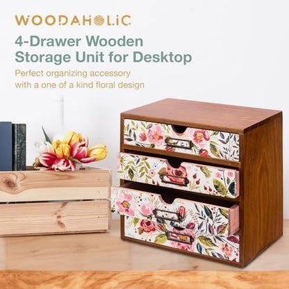 4-Drawer Vintage Desk Wood Storage Box With Drawers in Floral Chintz - Wooden Table Organizer I End Clutter & Dullness, Personalize Your Workspace - Beautiful Flower Design for Office & Home