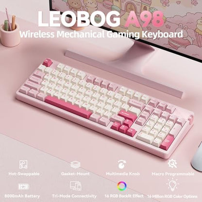 LEOBOG A98 Wireless Mechanical Pink Creamy Keyboard with Number Pad Knob