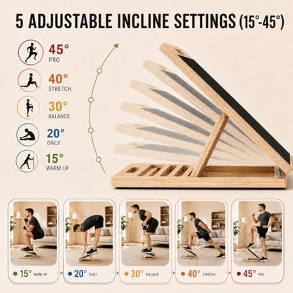 Premium Wooden Slant Board, Adjustable Calf Stretcher & Squat