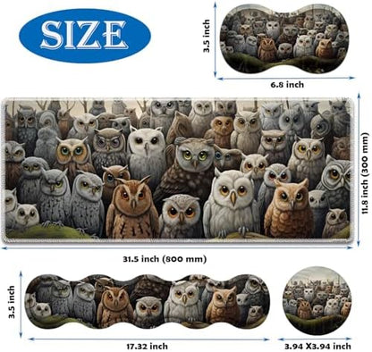 4 in 1 Mouse Pad Combo, Large Gaming Mouse Pad + Keyboard Wrist Support + Mouse Wrist Rest + Coaster, Table Pad 31.5 "x 11.8" with Memory Foam Ergonomic Wrist Pad Set, Many Owl