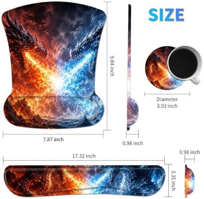 3-in-1 Ergonomic Memory Foam Keyboard Wrist Rest Pad Set, Fire Ice Dragon
