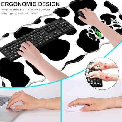Mouse Pad with Wrist Support + Desk Mat + Coaster 3 in 1 Set, XL Large Gaming Mousepad Ergonomic Mouse Pads for Desk Computer Laptop Office,Cow Print