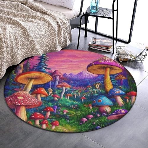 Machine Washable Modern Round Area Rug, Room Sofa Yoga Soft Round Carpet, Home Decor Non Slip Kitchen Office Circle Rug Trippy Mushrooms Art, 24inch