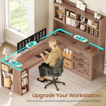 61" L Shaped Office Desk with Drawers and Storage, Light Brown