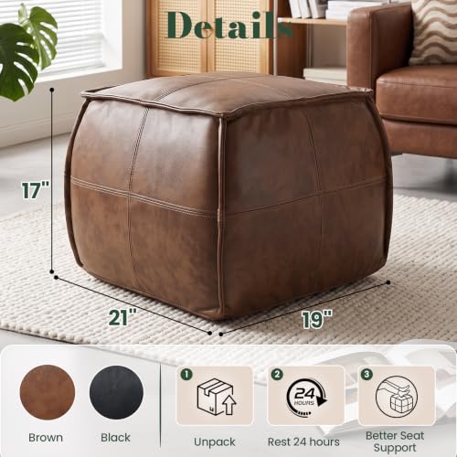 Genuine Leather Ottoman, Square Pouf Footstool (Square, Brown)