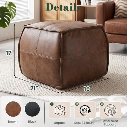 Genuine Leather Ottoman, Square Pouf Footstool (Square, Brown)