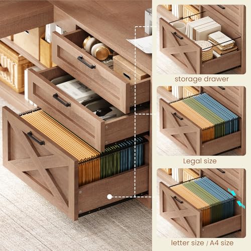 61" L Shaped Office Desk with Drawers and Storage, Light Brown