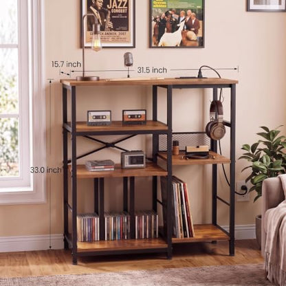 Record Player Stand with 300+ Vinyl Storage Shelves, Rustic Brown