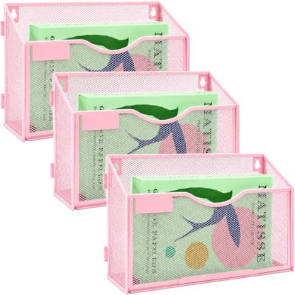 3 Packs 1 Tier A4 Mesh in Tray Hanging Wall File Holder Magazine Document Holder Mail Organiser Magazine Storage Rack,Durable Metal Mesh Filing Storage, Pink