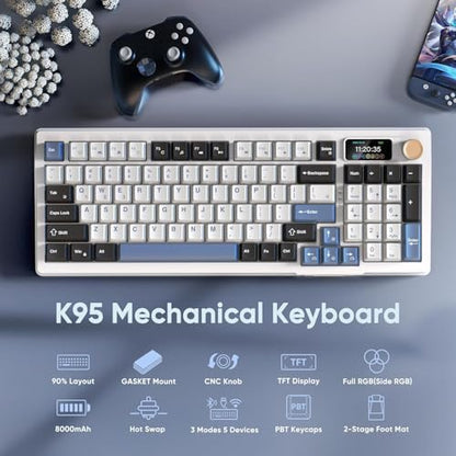 RedThunder K95 Wireless Mechanical Keyboard, TFT Screen & Knob, Tri-Mode BT5.0/2.4GHz/USB-C Hot Swappable Custom, Pre-lubed Linear Switches, Gasket Structure, RGB Gaming Keyboard, Snowy White-Blue