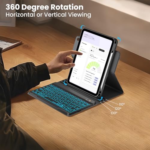 Keyboard Case for iPad 9.7 6th 2018/5th gen 2017/ Air 2-7 Color Backlit Detachable Wireless Keyboard - 360° Rotatable Magnetic Detachable Slim Folio Cover with Pencil Holder (Black)