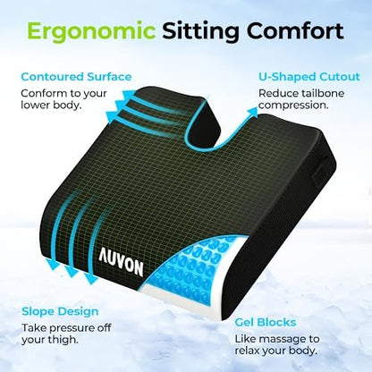 AUVON Gel Wheelchair Seat Cushion with Waterproof Cover for Pressure Sore & Ulcer, Ergonomic Chair Cushion with U-Cutout for Tailbone Pain, Back Pain Relief, Memory Foam Wheelchair Cushion, Anti-Slip