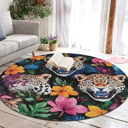Home Decor Non Slip Kitchen Office Circle Rug, Machine Washable Modern Round Area Rug, Room Sofa Yoga Soft Round Carpet Jungle Florals Cheetah Leopard Print, 24inch