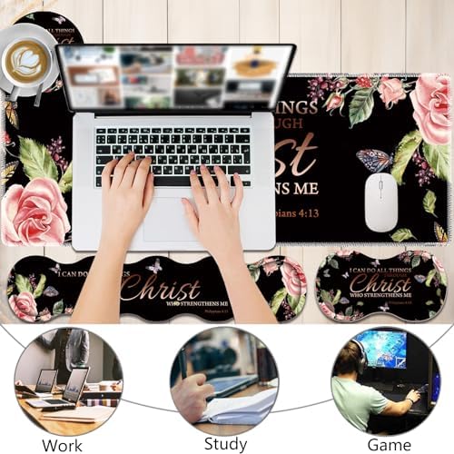 4 in 1 Mouse Pad Combo, Large Gaming Mouse Pad + Keyboard Wrist Support + Mouse Wrist Rest + Coaster, Table Pad with Stitched Edge Ergonomic Wrist Pad Set, Philippians 4-13 Flowers