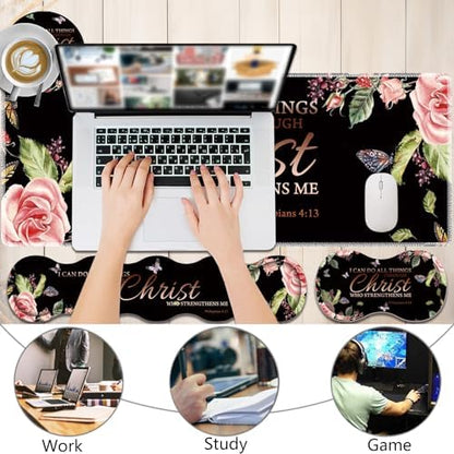 4 in 1 Mouse Pad Combo, Large Gaming Mouse Pad + Keyboard Wrist Support + Mouse Wrist Rest + Coaster, Table Pad with Stitched Edge Ergonomic Wrist Pad Set, Philippians 4-13 Flowers
