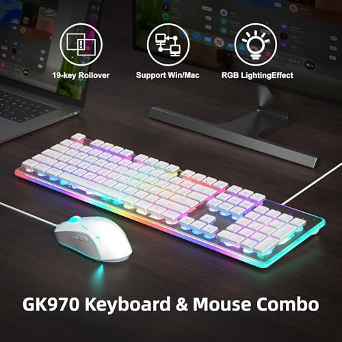 Camiysn Gaming Creamy Keyboard and Mouse, White 104 Keys RGB and 6 Speed RGB Mouse Combo, Pudding Keycaps Silent Computer Keyboard for Computer/PC/Laptop/Mac/Windows/Office