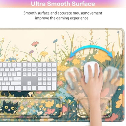 Desk Mat, Large Gaming Mouse Pad with Wrist Rest, 4in1 XXL Mousepad+Keyboard Wrist Rest+Mouse Pad Wrist Support+Cup Coaster Set Ergonomic Computer Desk Arm Wrist for Decor Home Office Women