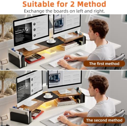 WESTREE Dual Monitor Stand Riser with Storage, Computer Monitor Riser with Adjustable Angle and LED, Desktop Monitor Stand Organizer for Computer, Laptop, Printer