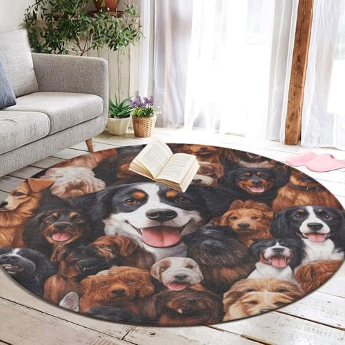 Highly Premium Quality Floor Mat, Office Chair Decor Mat, Room Sofa Yoga Soft Round Carpet Husky Shepherd Dog Golden Hair Dog Puppy, 60inch