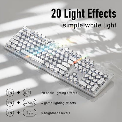 Wired Typewriter Style Mechanical Gaming Keyboard with White Backlit-White