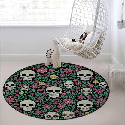 Dark Romantic Skull Round Gaming Chair Mat for Hardwood Floors, Gothic Nature Design Anti-Slip Office & Computer Desk Protector,Protect The Floor from Scratches, Green Diameter 59 in