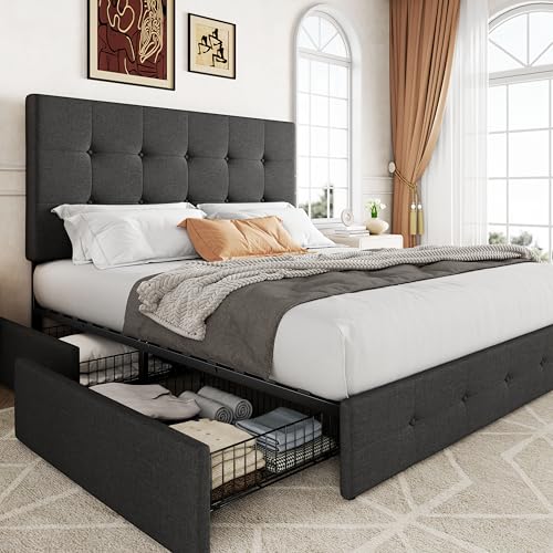 Upholstered Queen Size Platform Bed Frame with 4 Storage Drawers and Headboard, Square Stitched Button Tufted, Mattress Foundation with Wooden Slats Support, No Box Spring Needed, Dark Grey