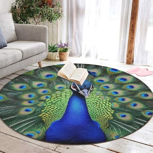 Machine Washable Modern Round Area Rug, Room Sofa Yoga Soft Round Carpet, Home Decor Non Slip Kitchen Office Circle Rug Peacock Feather, 60inch