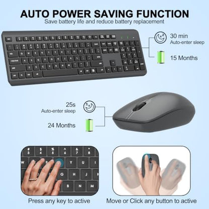 Wireless Keyboard and Mouse Combo, Full-Size Silent Ergonomic Keyboard and Optical Mouse, Long Battery Life, 2.4G Lag-Free Mice Keyboard for Computer, Mac, Laptop, PC, Windows(Gray)