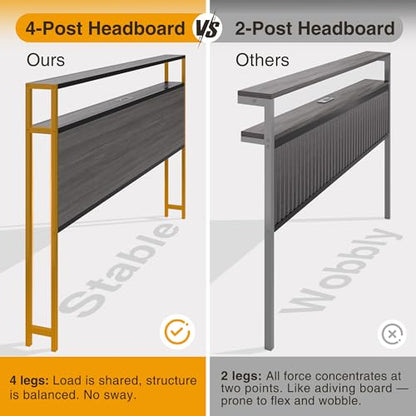 Full Bed Frame with Charging Station, LED Lights, 2 Drawers, Rustic Grey