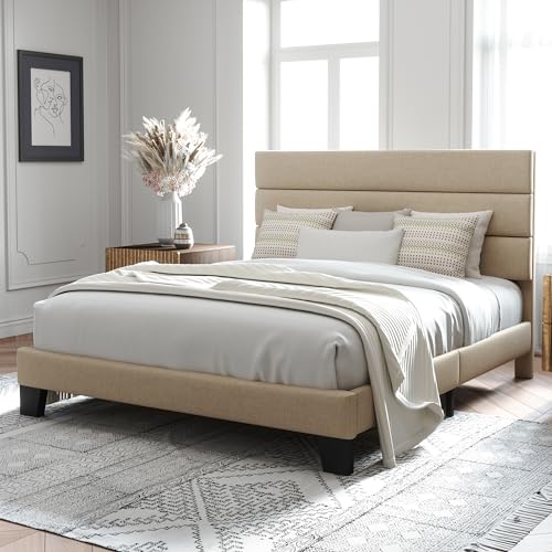 Queen Size Platform Bed Frame with Fabric Upholstered Headboard