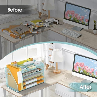 5 Tier Paper Letter Tray Desk Organizer with Pen Holders - Blue