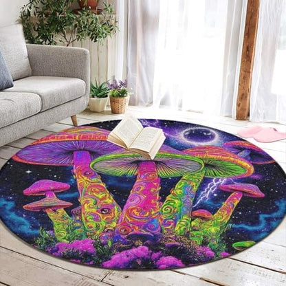 Home Decor Non Slip Kitchen Office Circle Rug, Machine Washable Modern Round Area Rug, Room Sofa Yoga Soft Round Carpet Magic Mushrooms Trippy Galaxy Space Art, 24inch