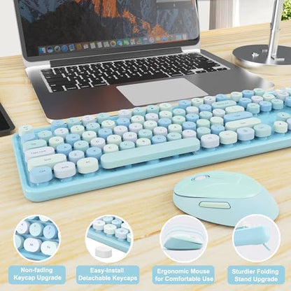 Wireless Keyboard and Mouse Combo, Ergonomic Full Size Typewriter Retro Round Keycaps Keyboard, Compatible with Windows, PC, Perfer for Home and Office Keyboards (Blue