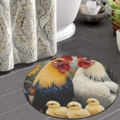 Large Round Area Rug Home Decor Modern Bathroom Rug Kitchen Office Circle Rug for Living Room Sofa Circle Cute Mat Chicken Rooster Garden Flowers Painting, 24inch