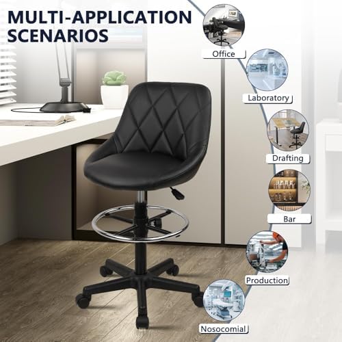 KLASIKA Drafting Chair with Back, Leather Rolling Swivel Stool with Adjustable Height and Footrest, Ergonomic Tall Standing Desk Office Chairs with Wheels for Home Work Shop Kitchen Bar, 1PK
