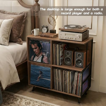 3 Tier Record Player Stand with Flip-Down Record Shelf, Walnut