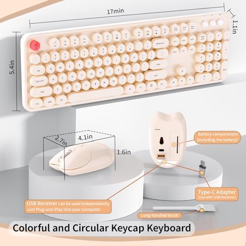 Wireless Keyboard Mouse, MOFII 104 Keys Cute Retro Typewriter Coffee