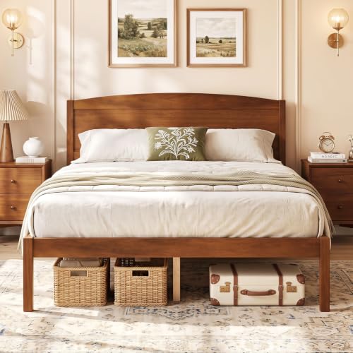 Full Size Wooden Bed Frame with Curved Headboard, Wood Slat Support