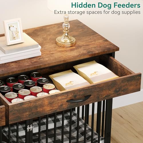 74.8" Double Dog Crate Furniture with Dog Feeder & Drawers