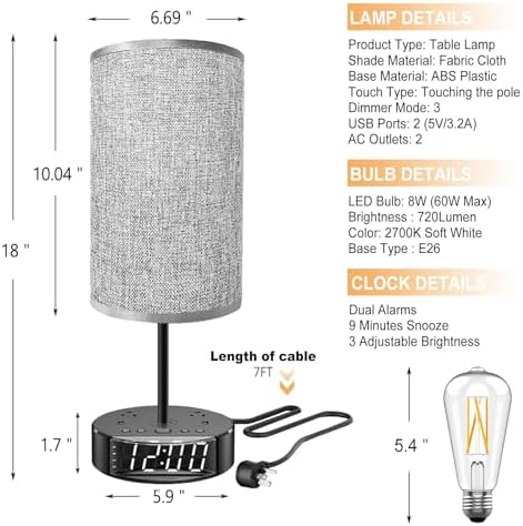 Touch Control Nightstand Light Bedside Table Lamp with USB C Charging Ports Alarm Clock 3 Way Dimmable Lamp for Bedroom Living Room Home（Gray） Thanksgiving Gifts